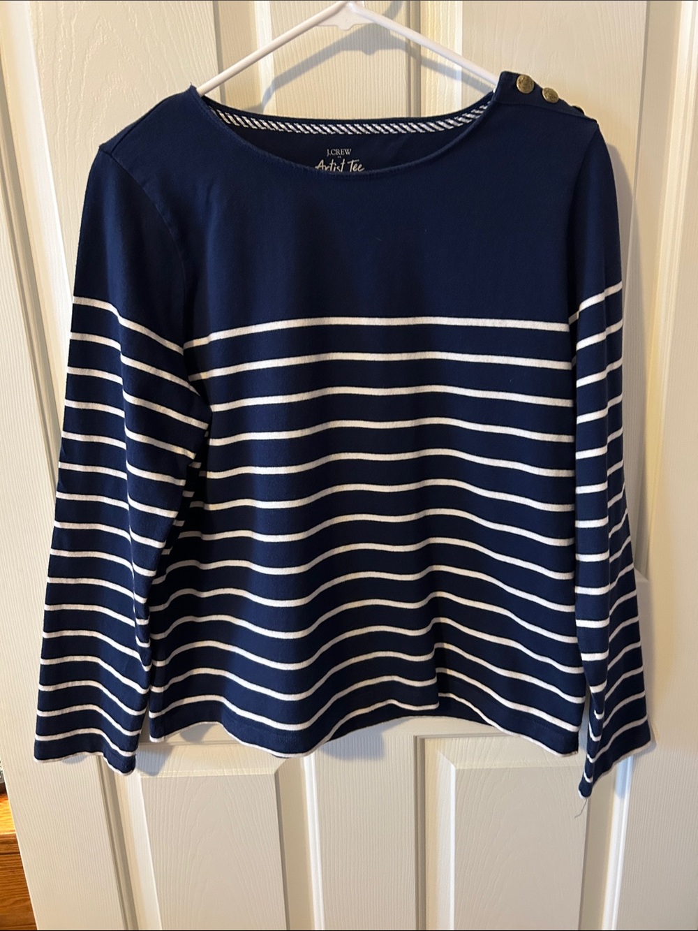 J. Crew Navy and White Striped Boatneck Top with Shoulder Buttons